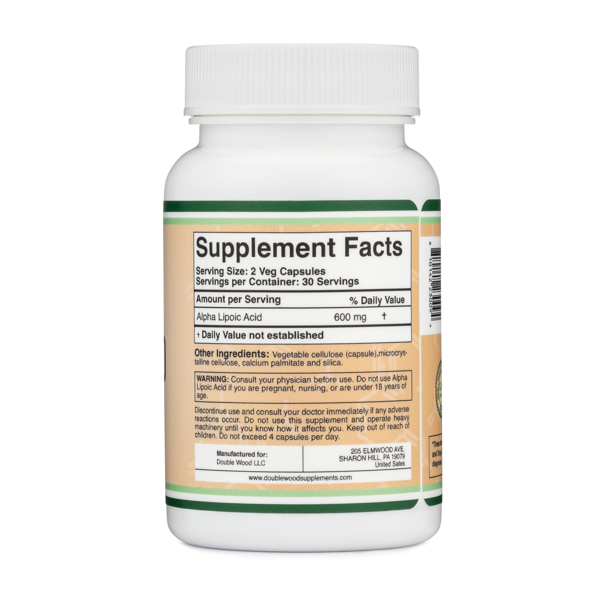 Double Wood Supplements Alpha Lipoic Acid bottle highlighting vegan safe 60 veggie capsules
