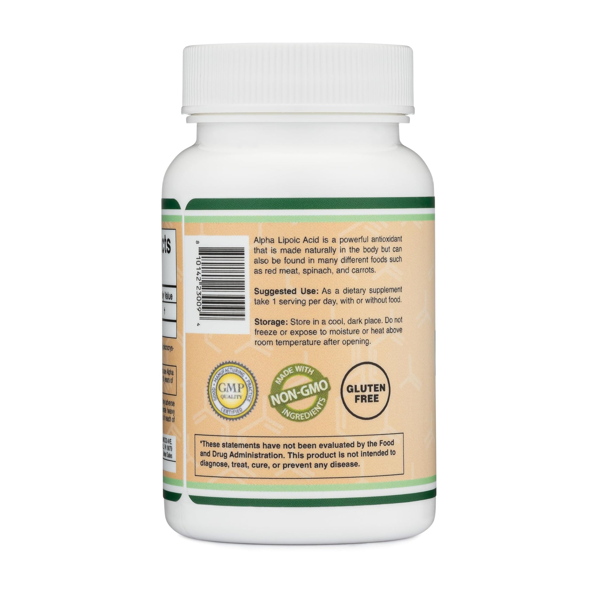 Full packaging view of Double Wood Alpha Lipoic Acid showing dosage instructions and directions