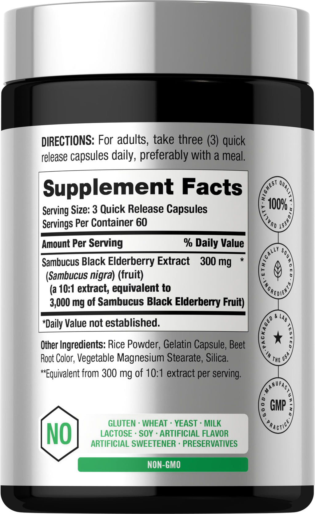 Horbäach Sambucus extract dietary supplement bottle showing nutrition facts and serving size