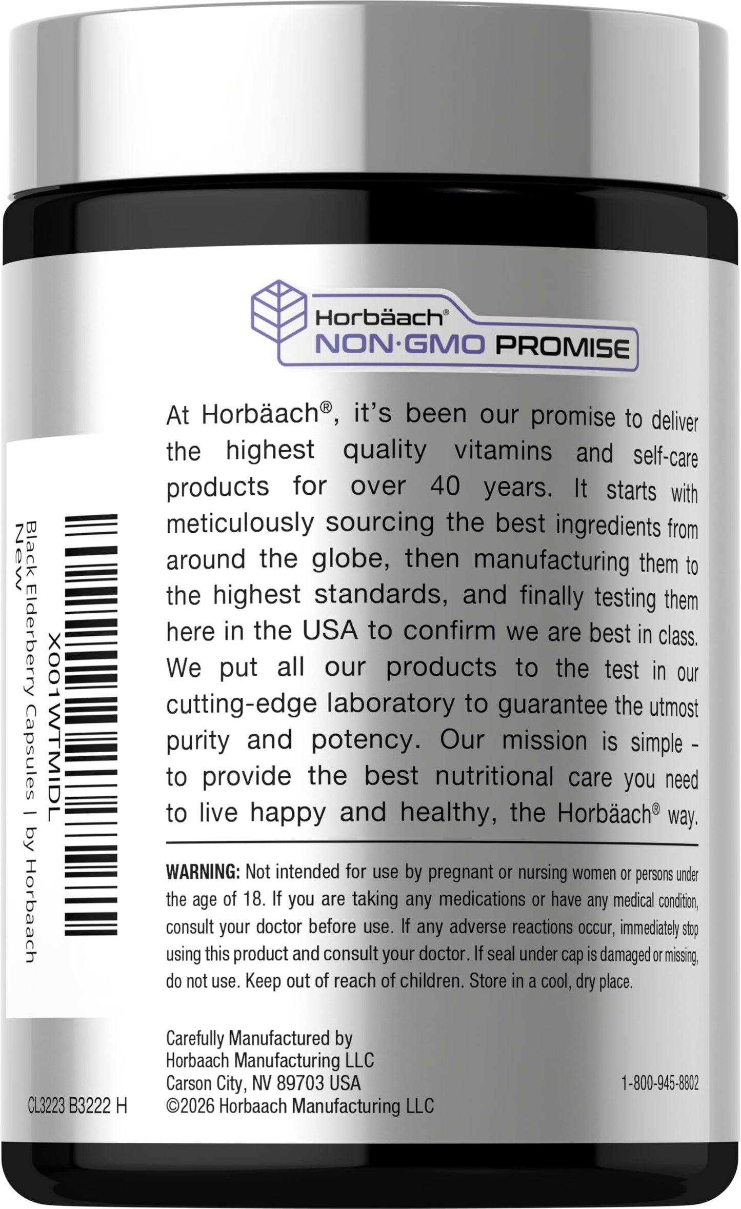 Premium quick release black elderberry capsules spilled next to the supplement bottle