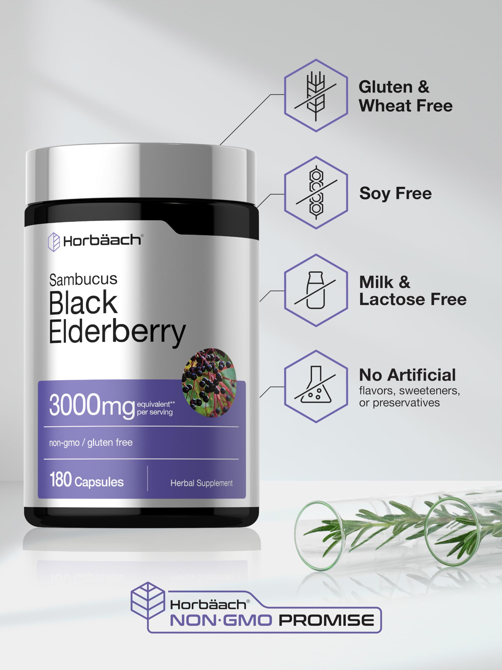 Horbäach traditional herbal elderberry capsule bottle showcasing its high potency formula