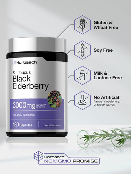 Horbäach traditional herbal elderberry capsule bottle showcasing its high potency formula