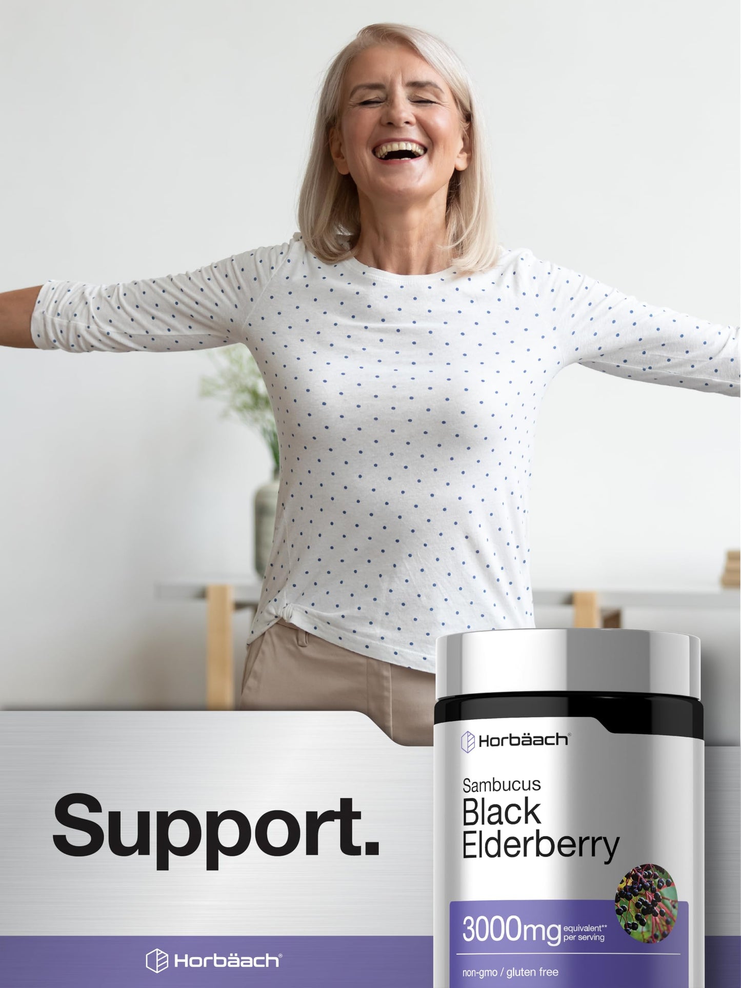 Side view of Horbäach Sambucus nigra supplement indicating adult dosage instructions