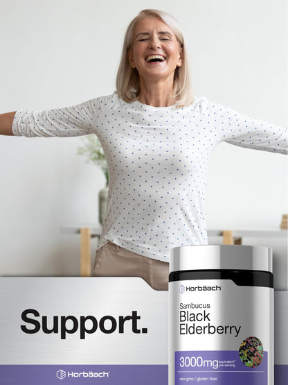 Side view of Horbäach Sambucus nigra supplement indicating adult dosage instructions
