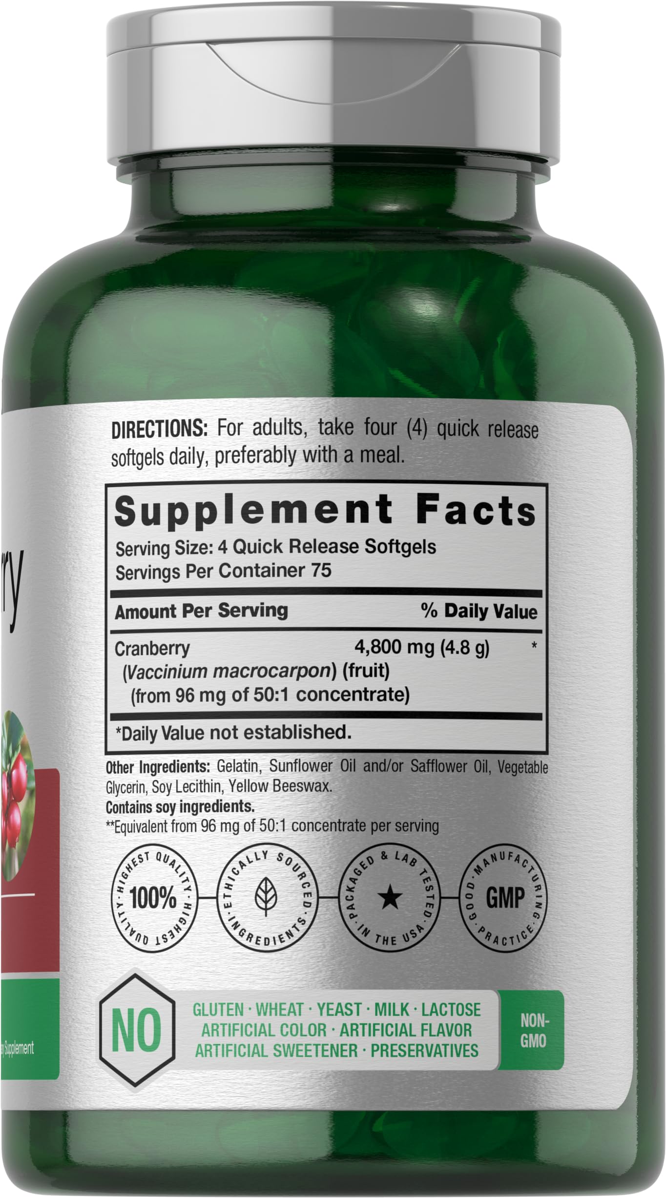 Horbaach Cranberry Supplement Bottle Supplement Facts Label