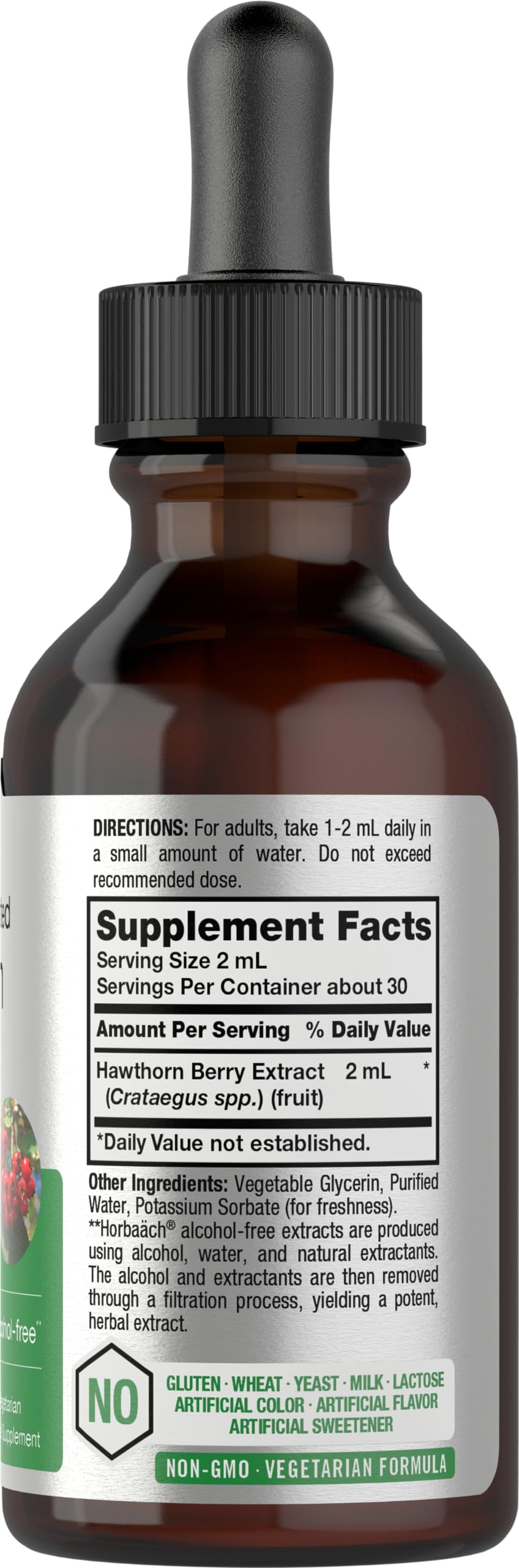 Horbäach alcohol free liquid tincture packaging displaying ingredients and non GMO verification