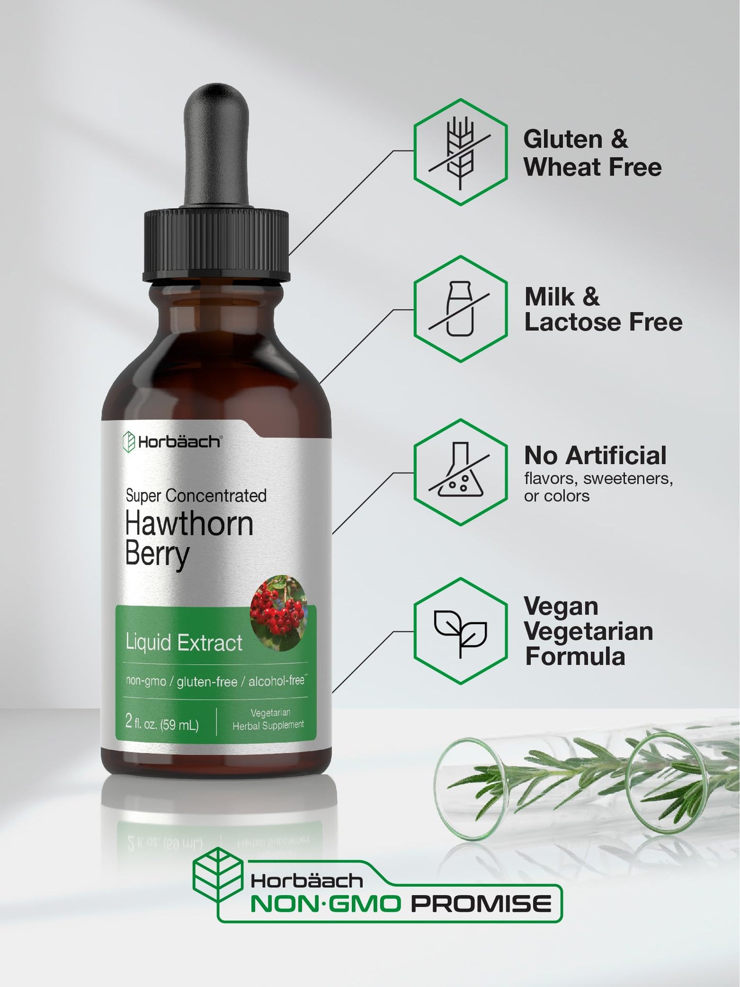 Side profile of Horbäach 59 milliliters herbal supplement bottle showing dosage instructions