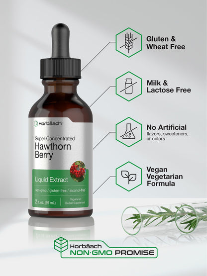 Side profile of Horbäach 59 milliliters herbal supplement bottle showing dosage instructions
