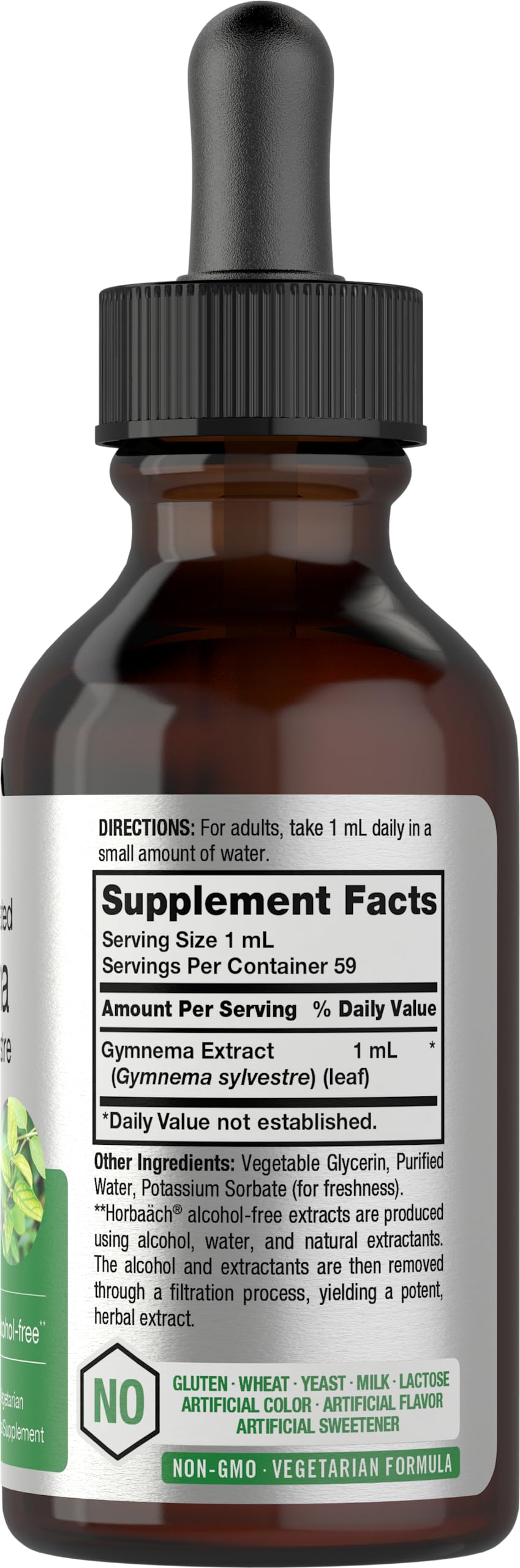 Horbaach Gymnema Tincture dropper bottle showing alcohol free formula details