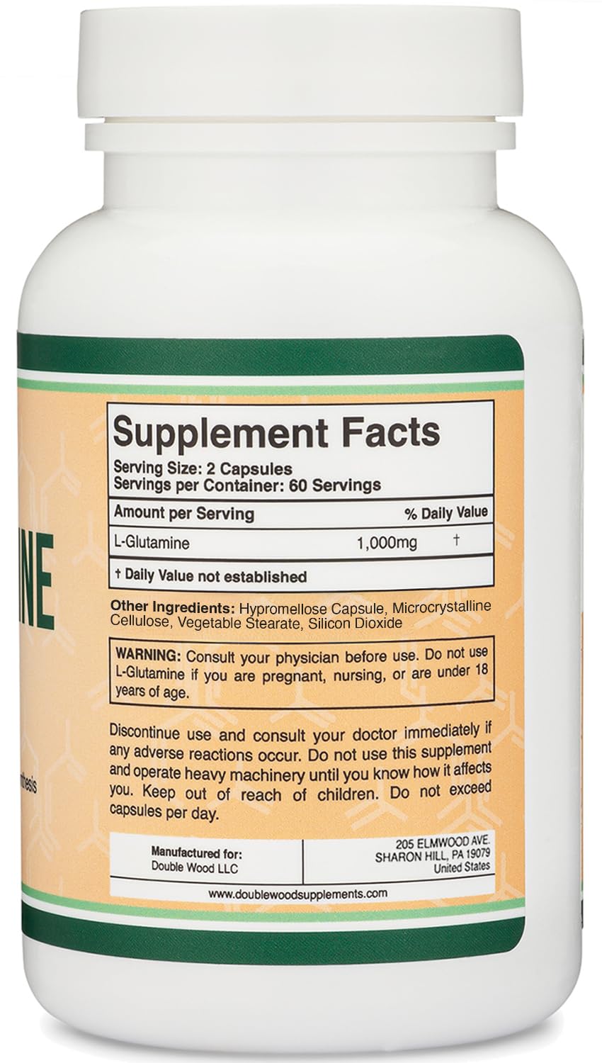 Close up of L-Glutamine capsules dietary supplement packaging