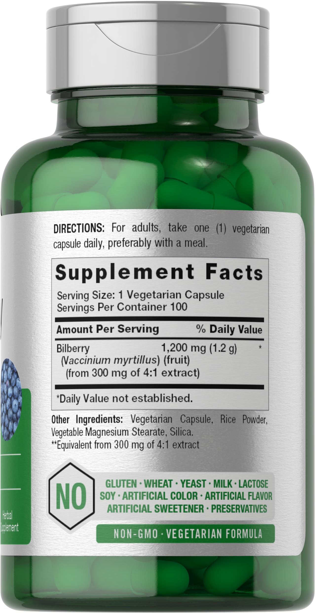 Horbaach Bilberry Fruit Extract nutritional supplement label details showing 1200 mg dosage.