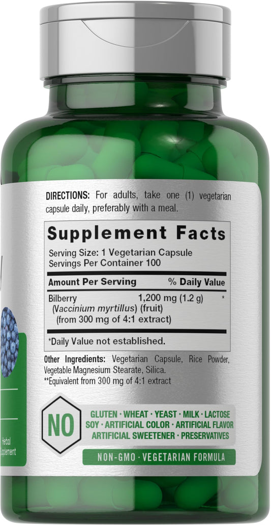 Horbaach Bilberry Fruit Extract nutritional supplement label details showing 1200 mg dosage.