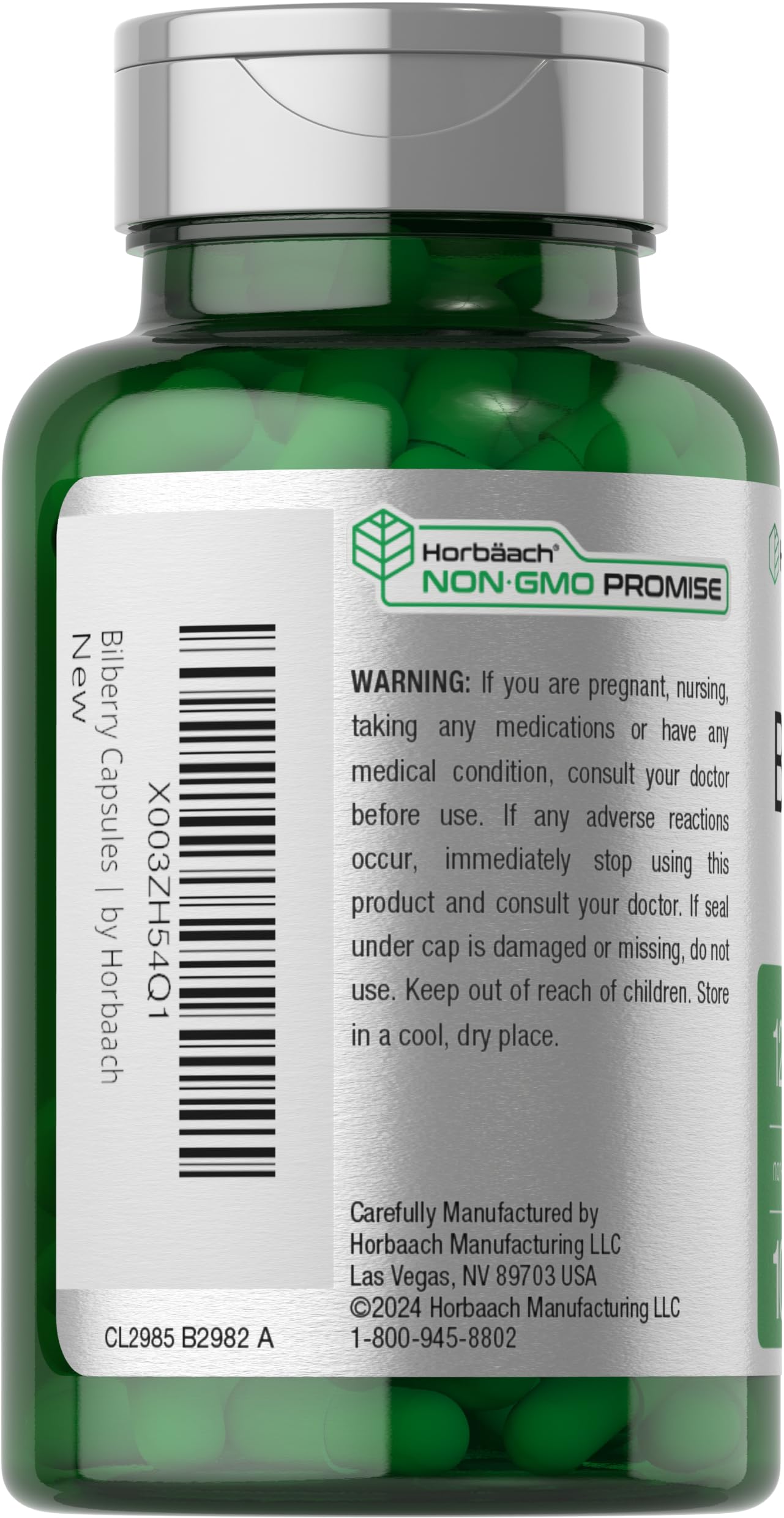Side view of Horbaach Bilberry bottle highlighting non-GMO and gluten-free certification logos.
