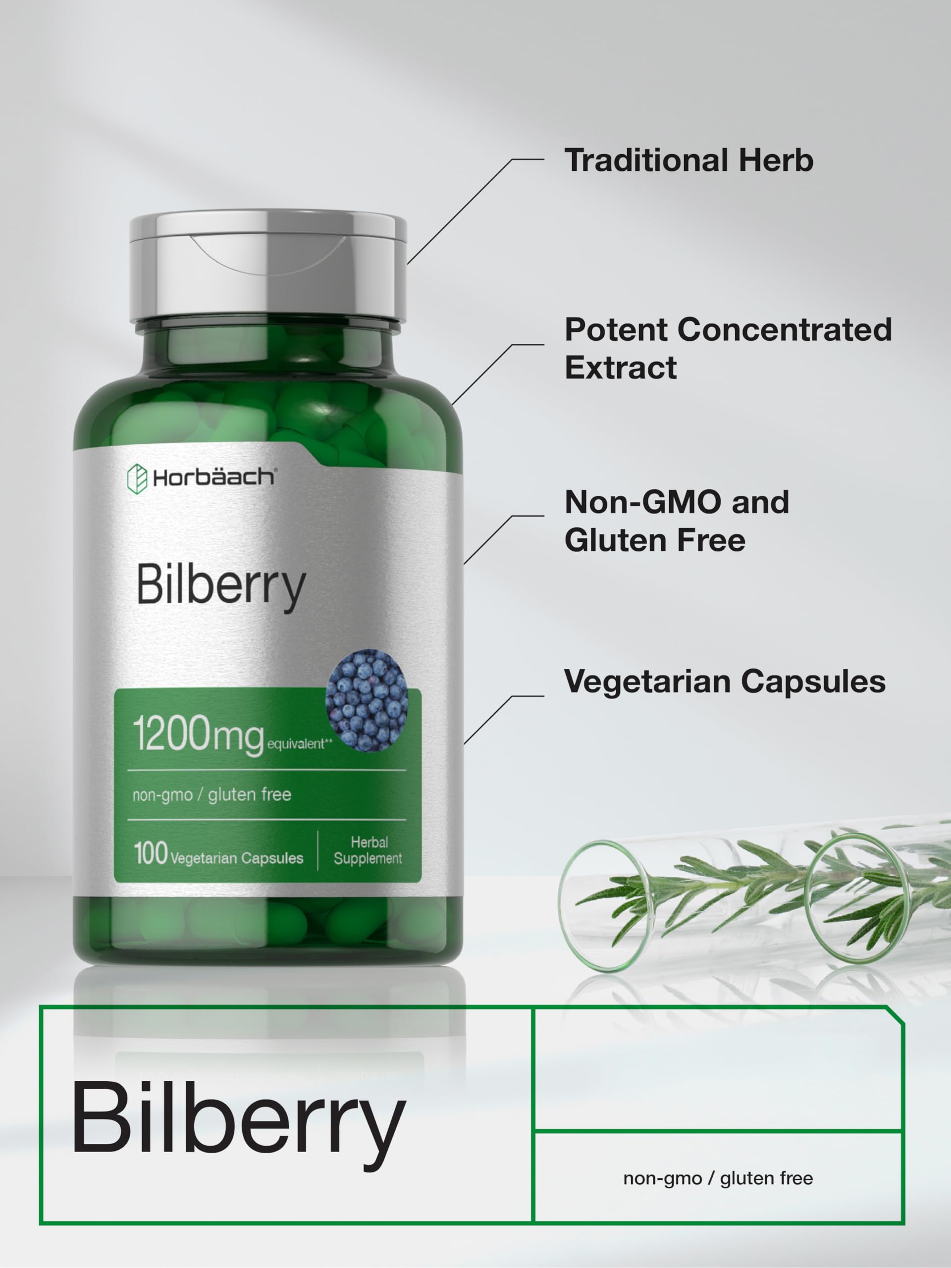 Authentic imported Horbaach Bilberry vegetarian capsules supplement for overall eye wellness.