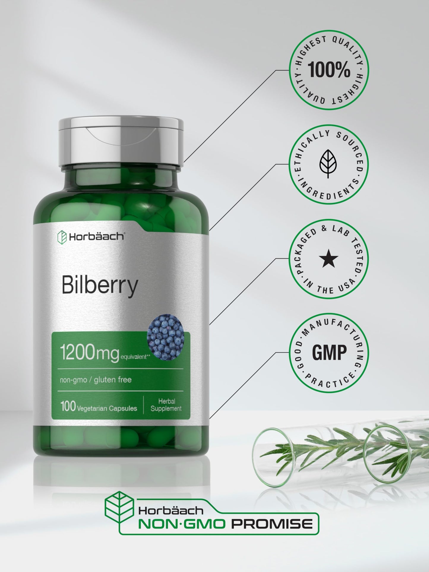 Horbaach Bilberry 100 capsules container detailing ingredients and daily usage guidelines.