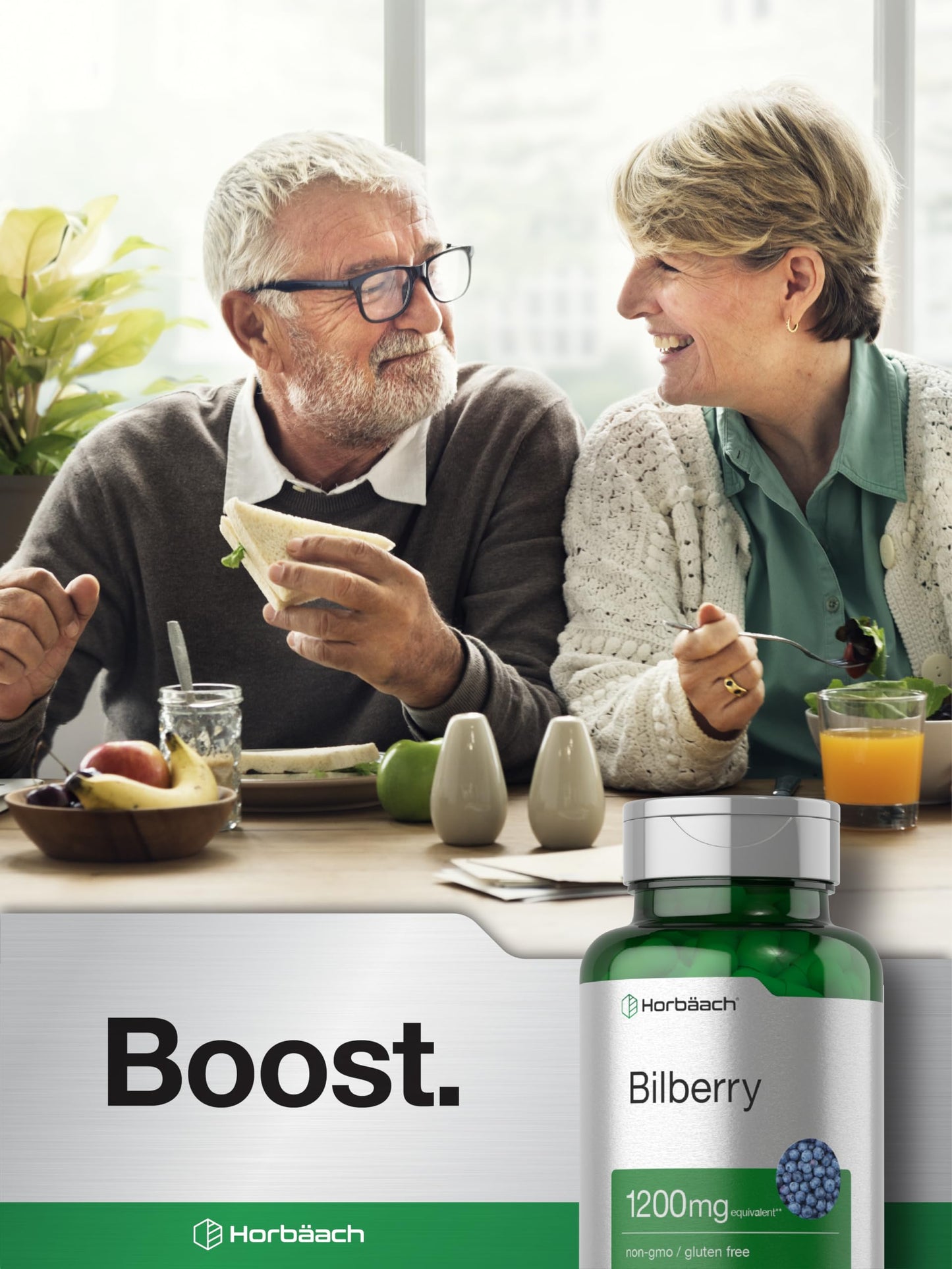 Premium USA imported Horbaach Bilberry fruit antioxidant supplement container placed upright.