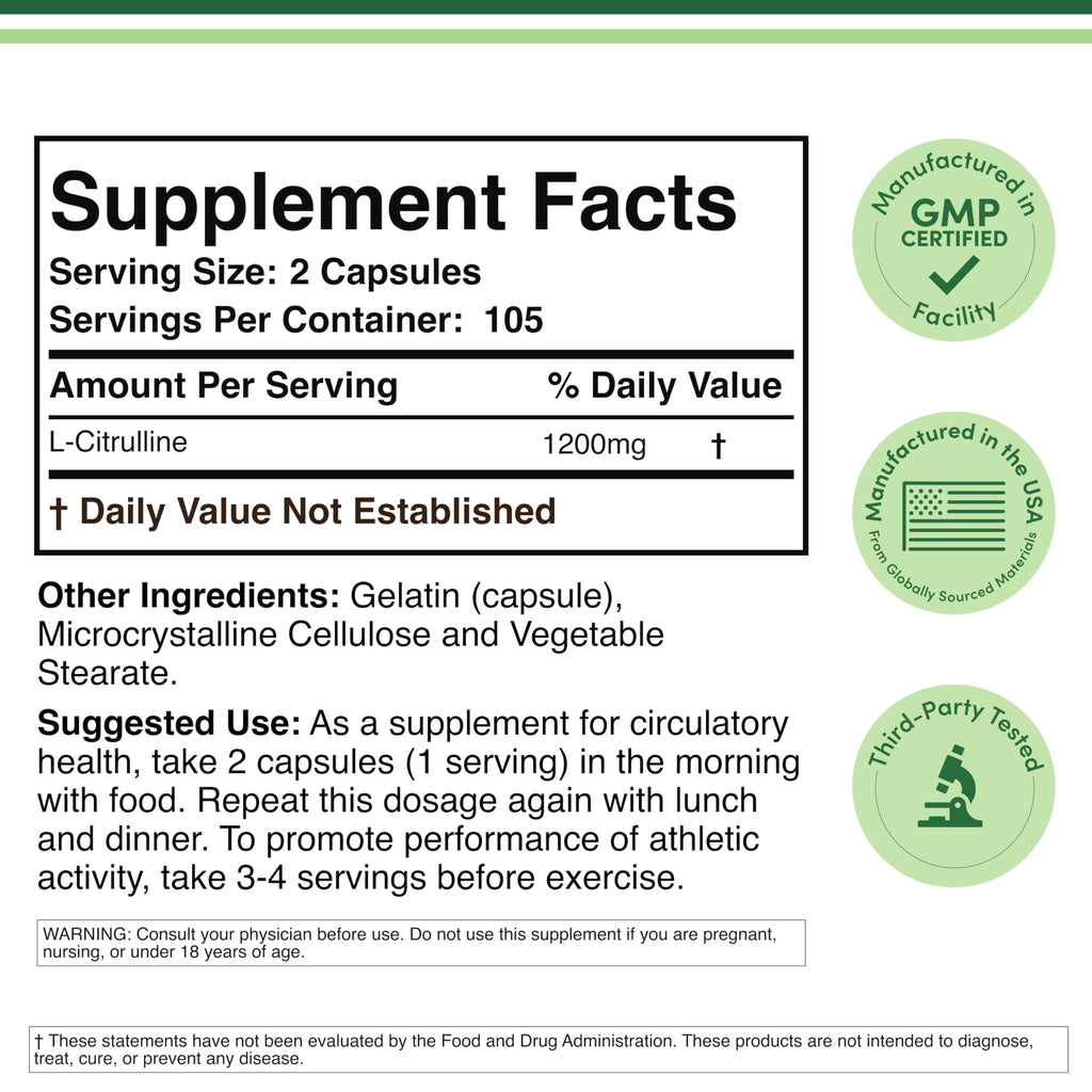 Double Wood L-Citrulline 1200mg supplement facts nutritional label