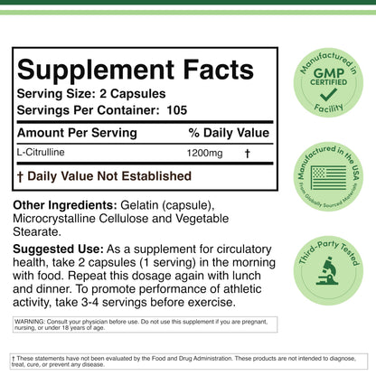 Double Wood L-Citrulline capsules 210 count label details