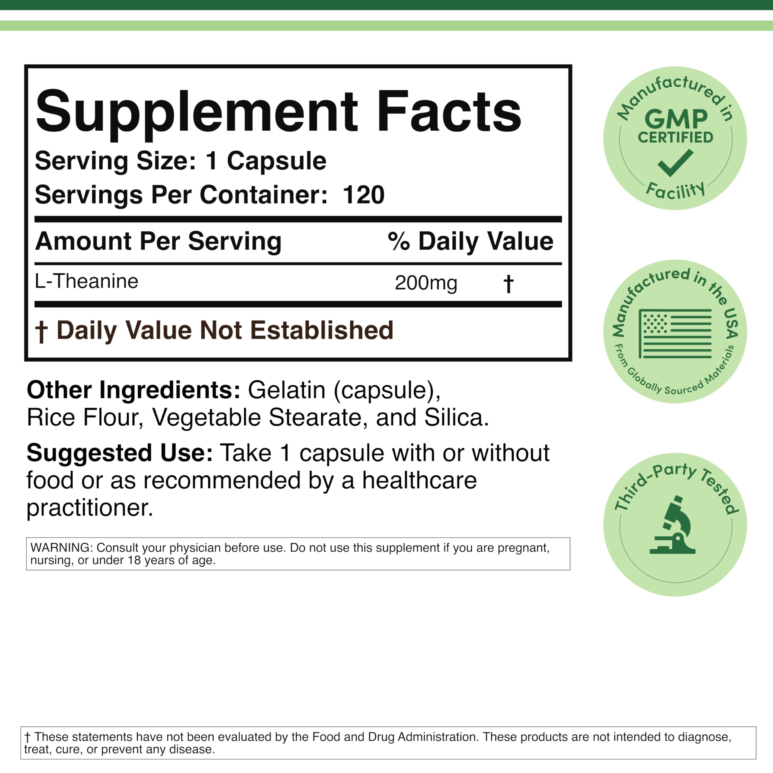 Double Wood Supplements L-Theanine 120 capsules label detail