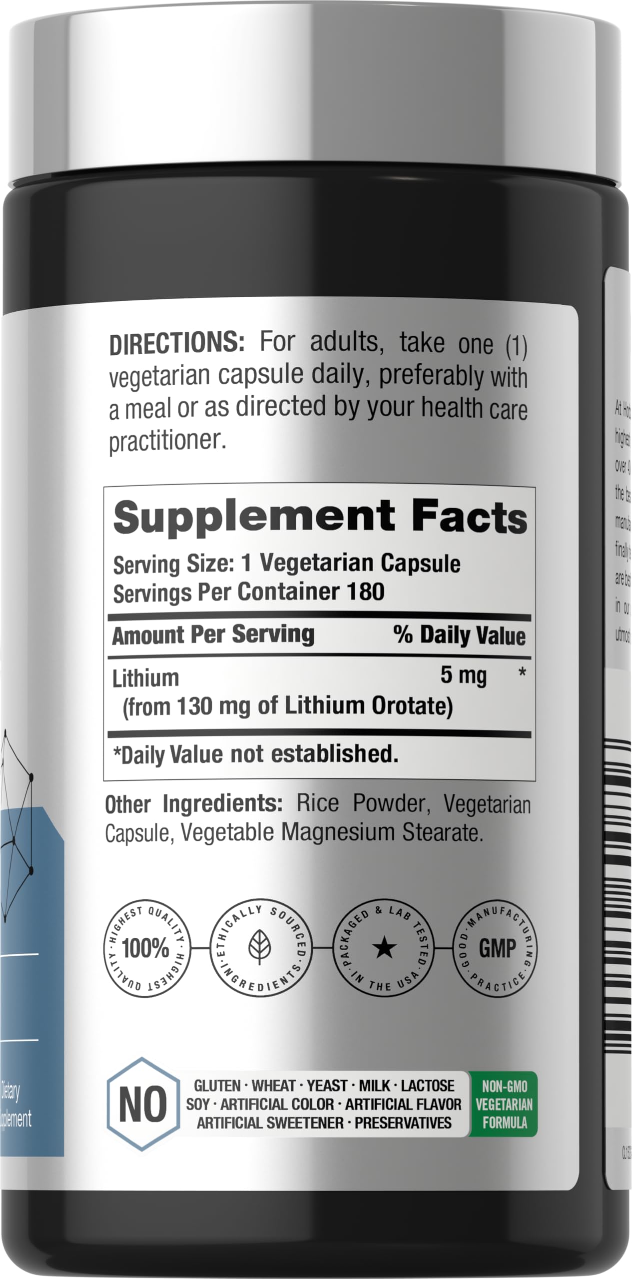 Horbäach Lithium Orotate supplement facts label showing 5 Milligrams elemental lithium details.