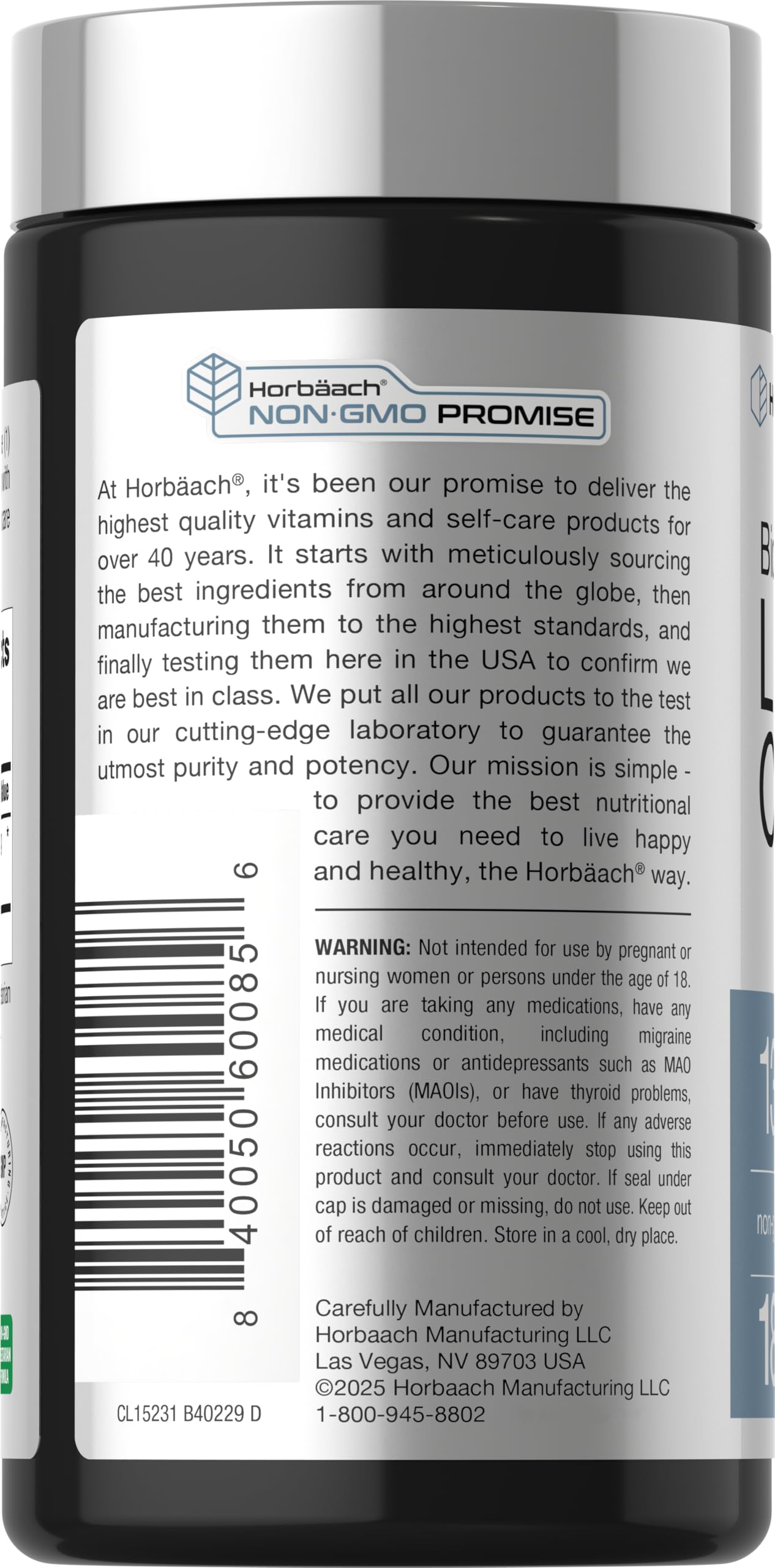 Horbäach Lithium Orotate 180 capsules bottle showcasing non-GMO and gluten-free dietary claims.
