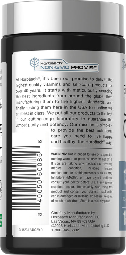 Horbäach Lithium Orotate 180 capsules bottle showcasing non-GMO and gluten-free dietary claims.