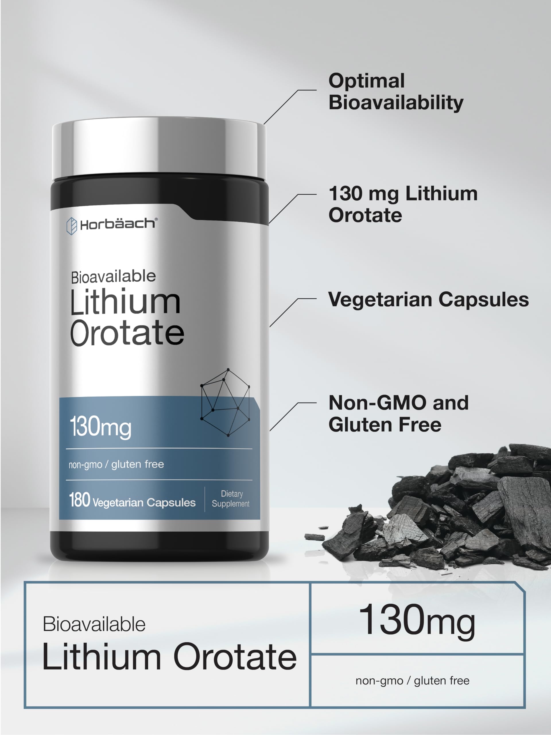 Side view of Horbäach Lithium Orotate 130 Milligrams packaging detailing adult usage instructions.