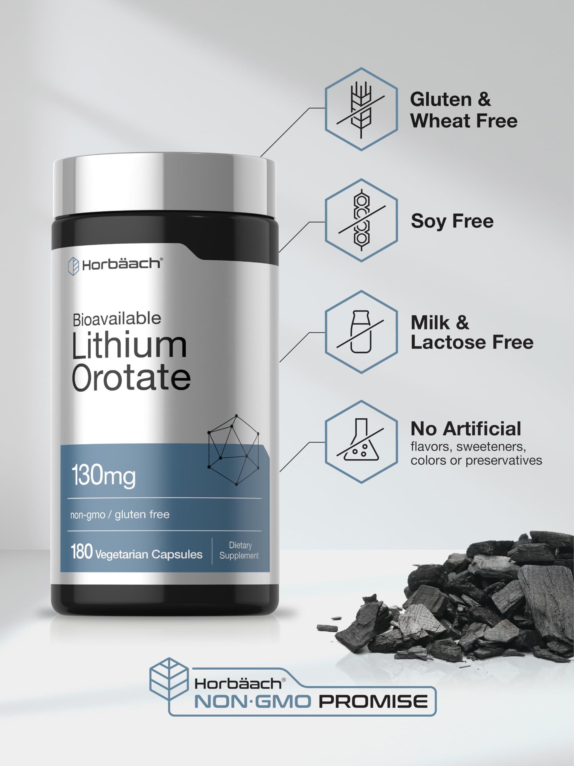 Close up view of Horbäach bioavailable trace mineral quick release vegetarian capsules.