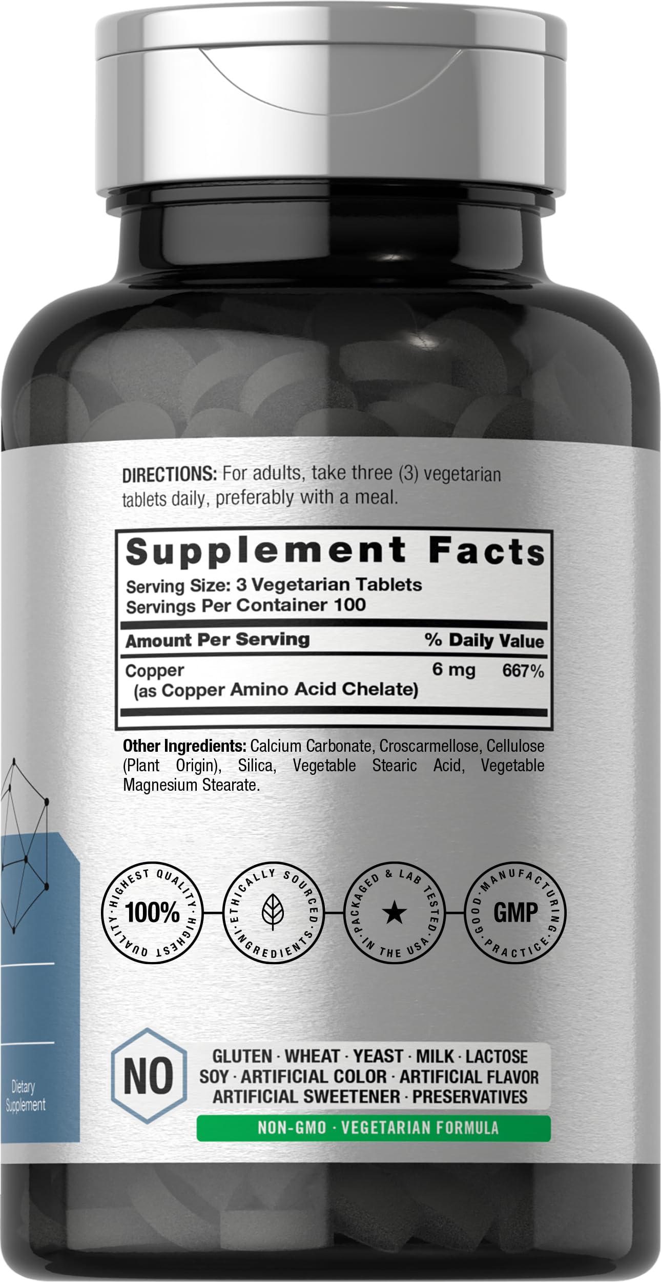 Horbaach Chelated Copper supplement side label detailing ingredients and serving size details
