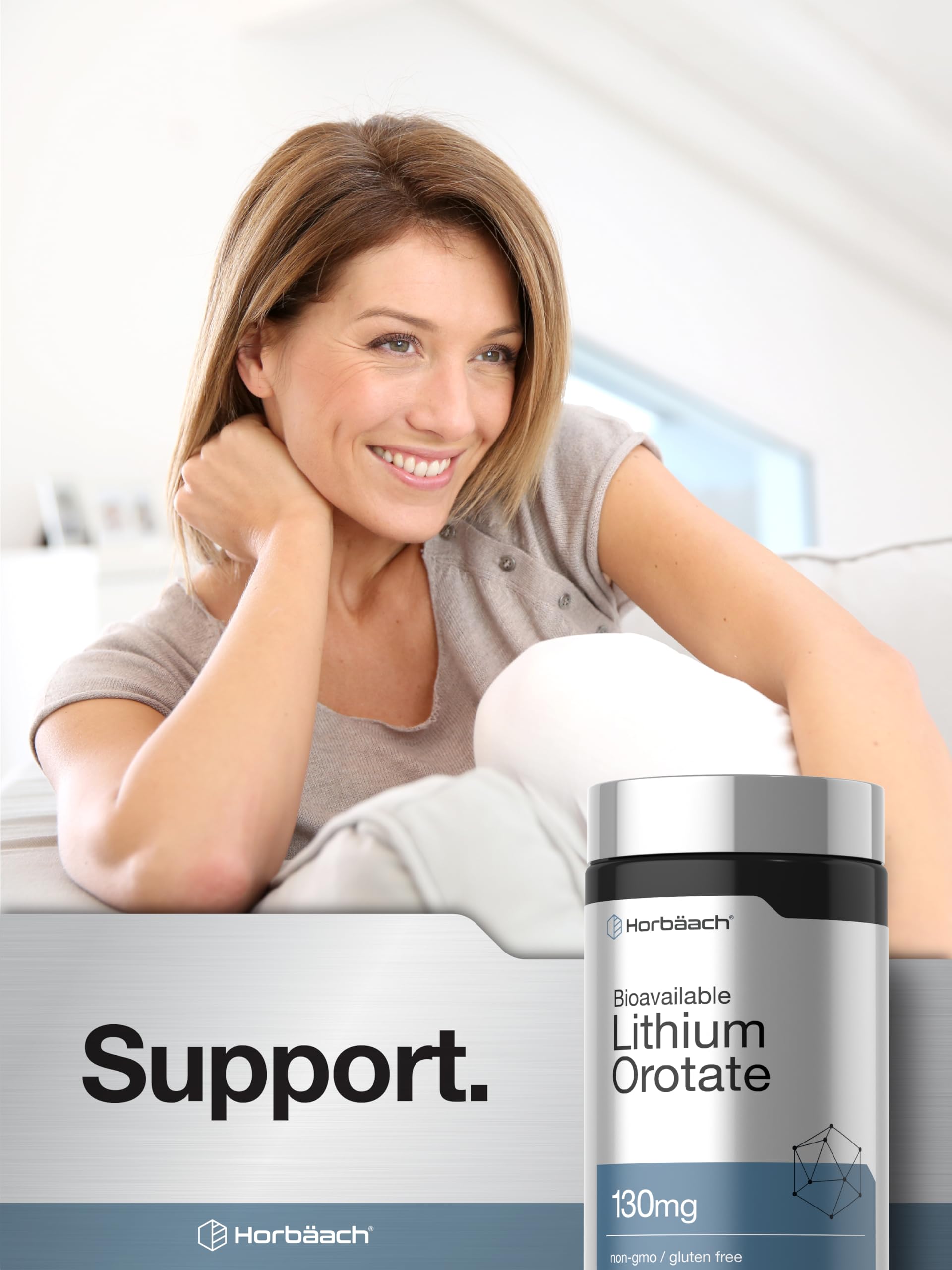 Horbäach Lithium Orotate mood and cognitive support dietary supplement bottle on a clean background.