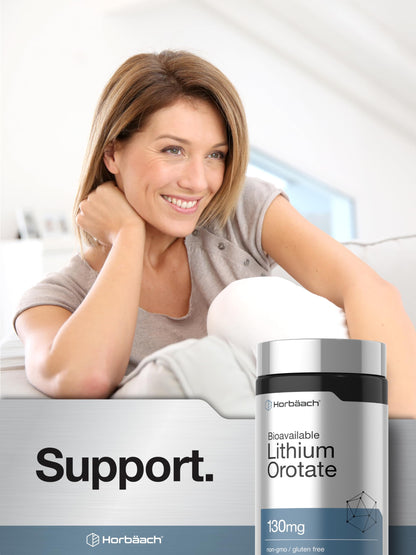 Horbäach Lithium Orotate mood and cognitive support dietary supplement bottle on a clean background.