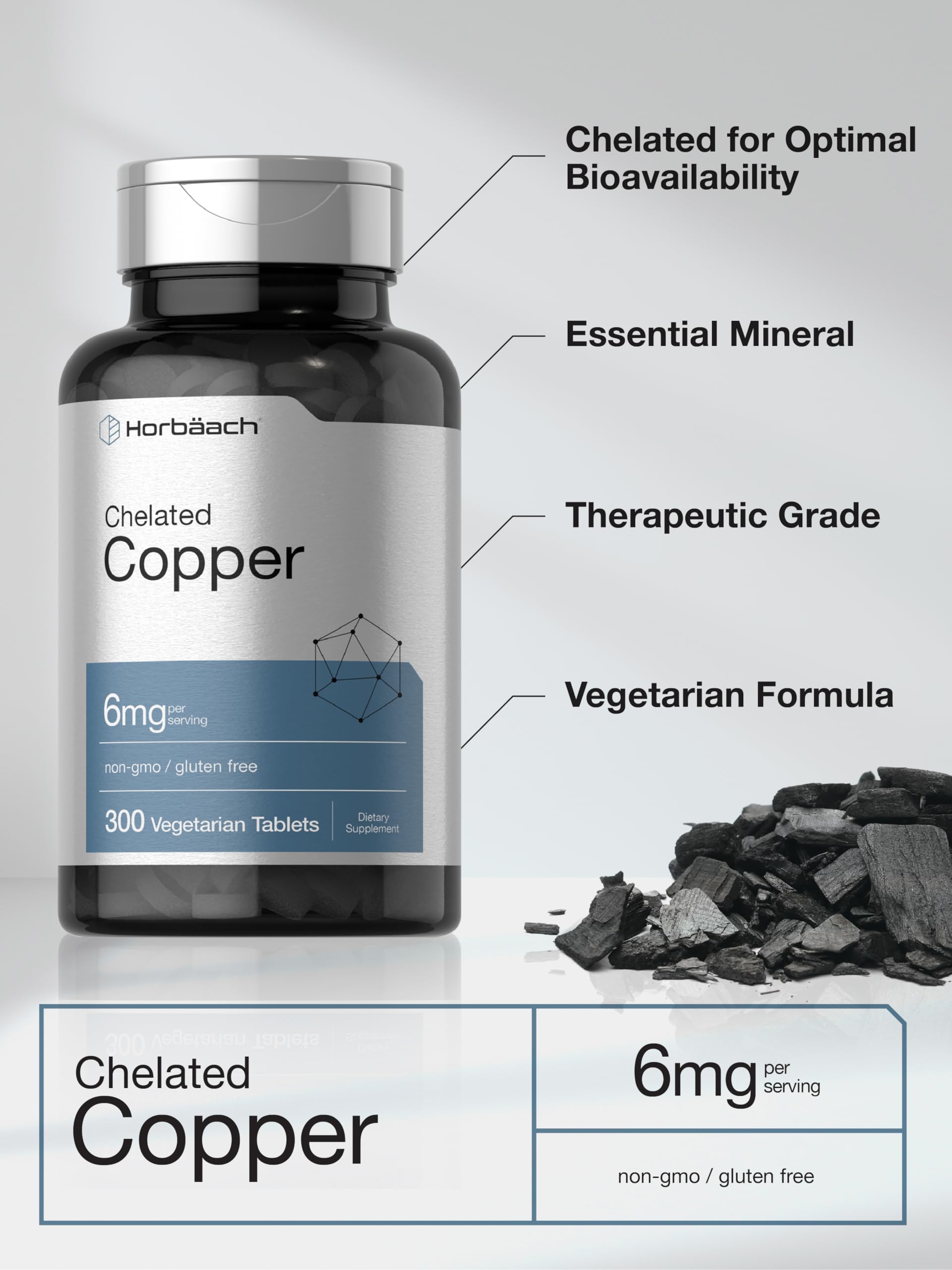Horbaach Chelated Copper vegetarian tablets outside of bottle illustrating supplement texture