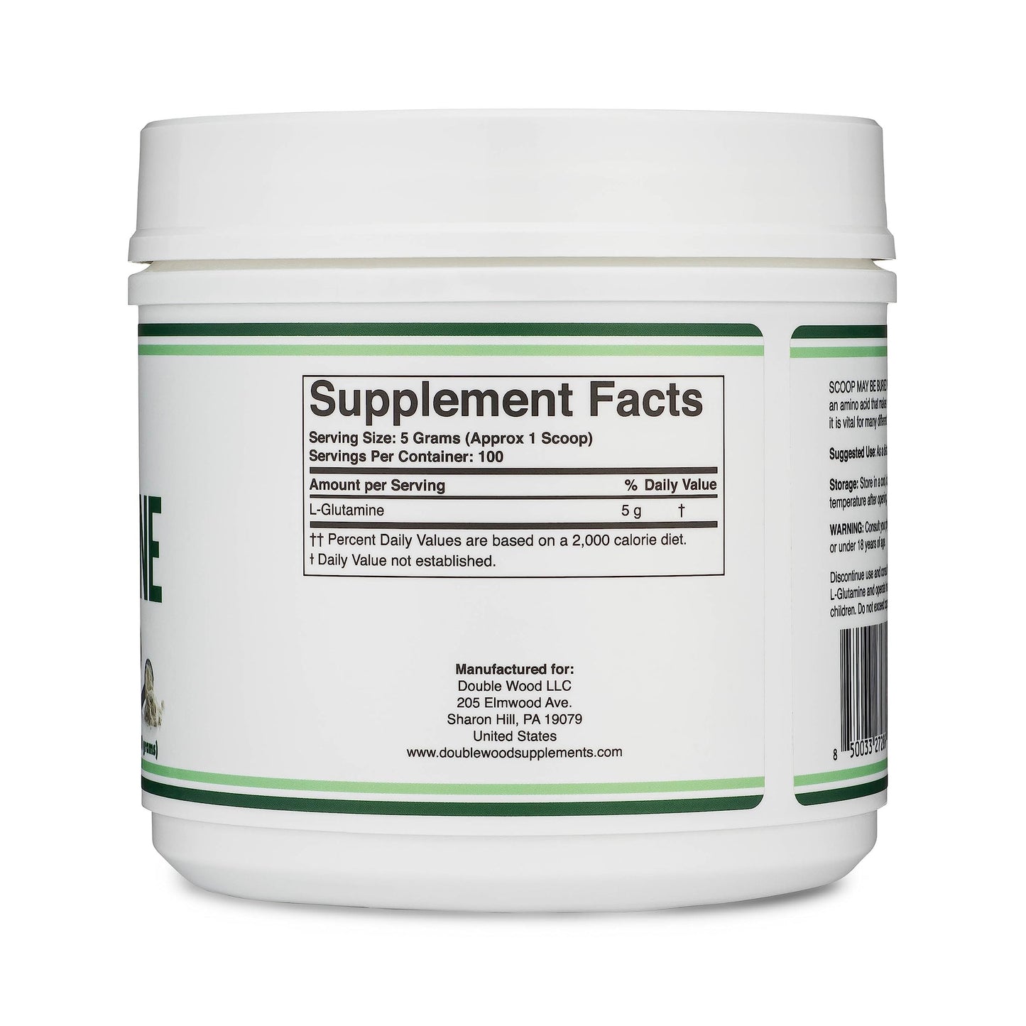 Back label of Double Wood L-Glutamine showing supplement facts.