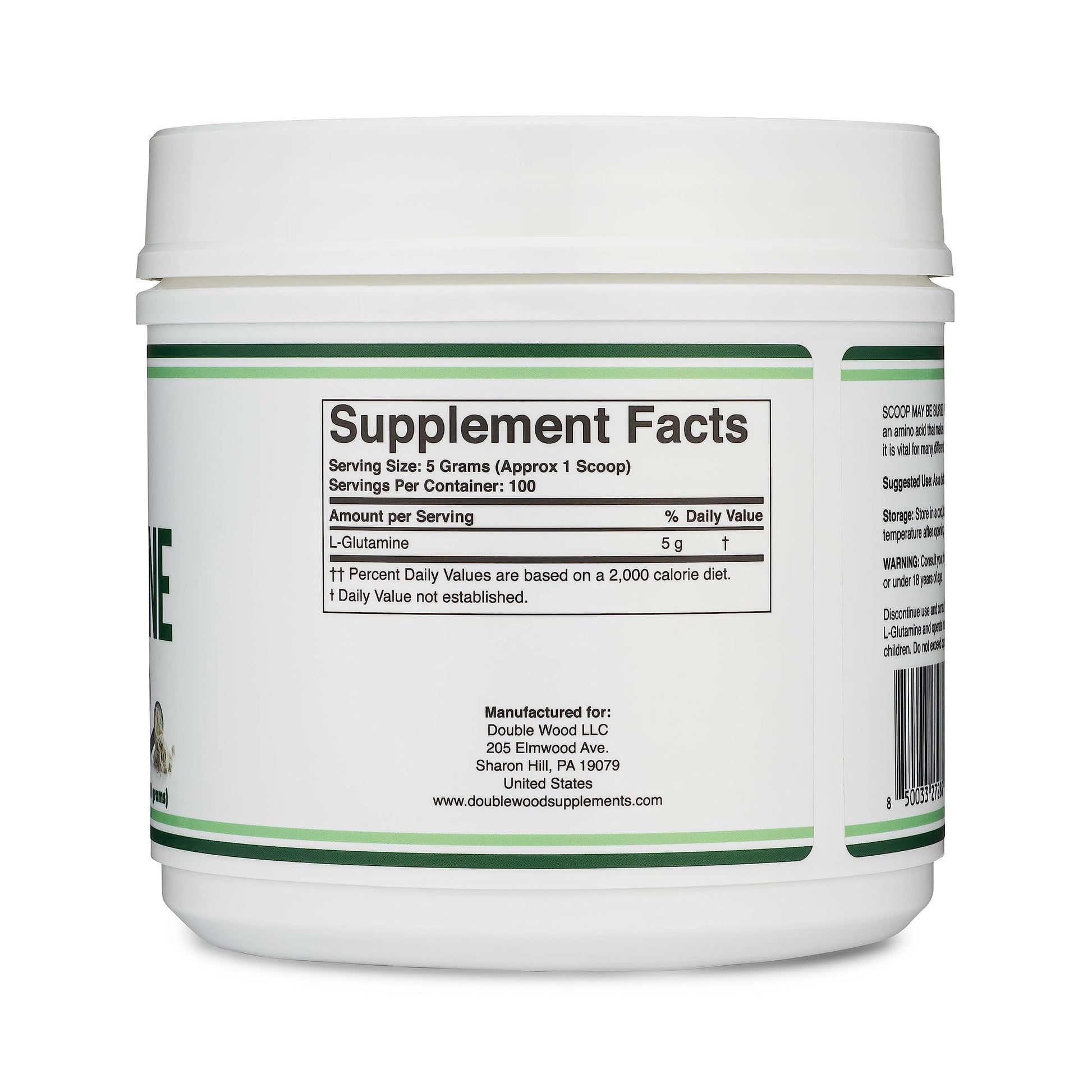 Back label of Double Wood L-Glutamine showing supplement facts.