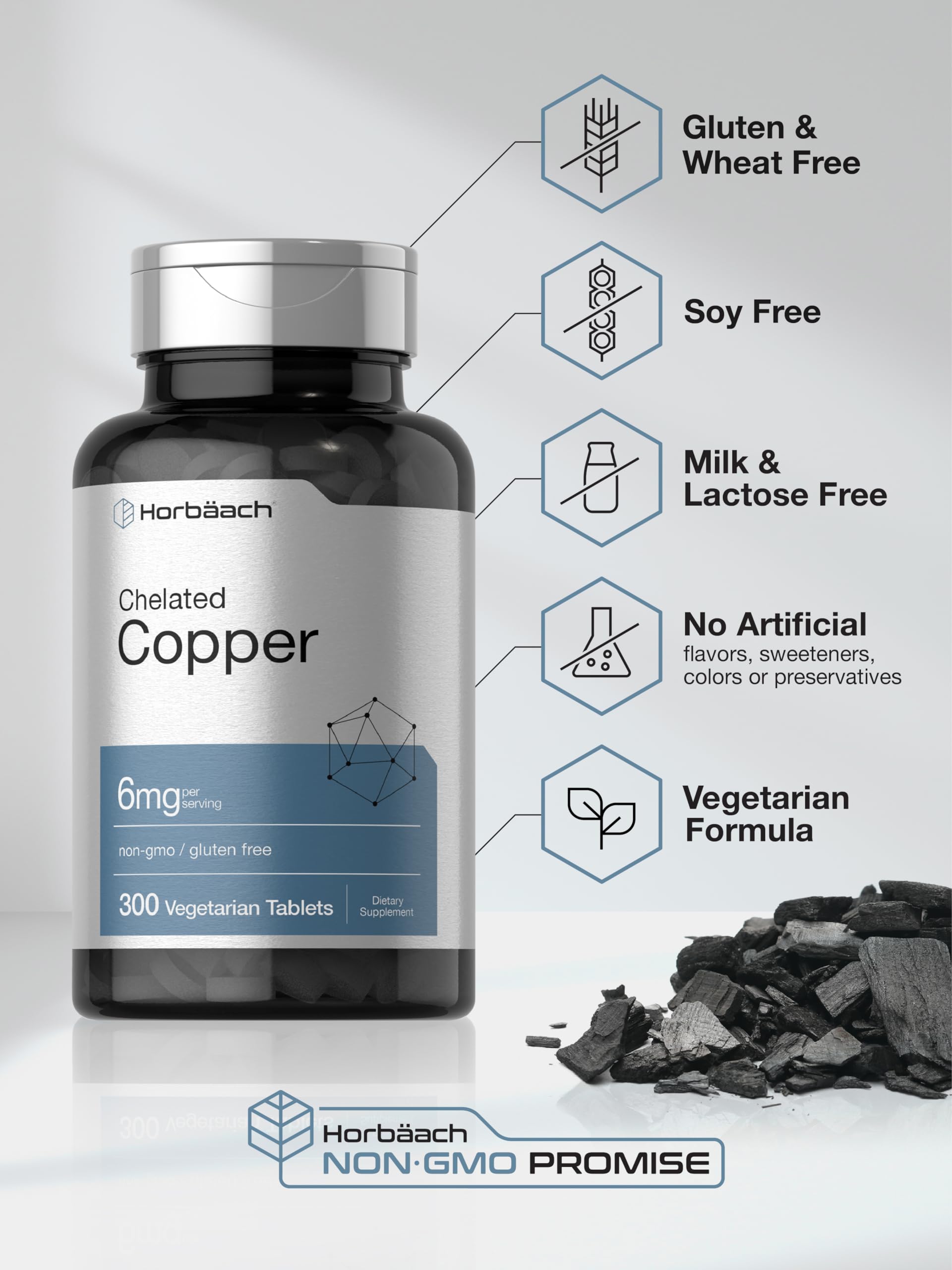 Horbaach Chelated Copper 300 tablets container top angle demonstrating security seals