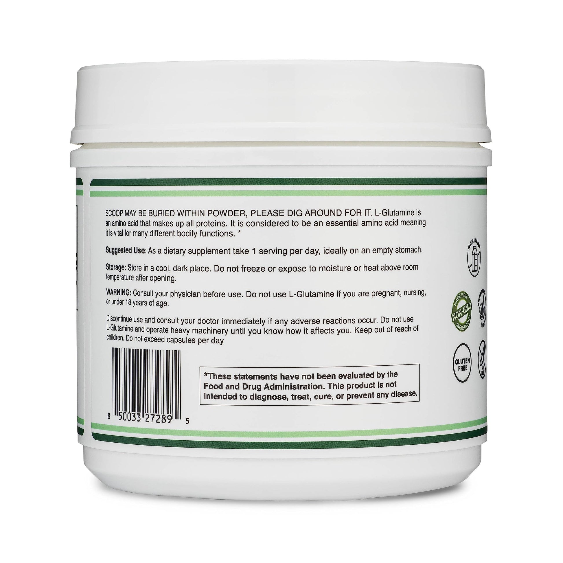 Close up of L-Glutamine powder texture and included measuring scoop.