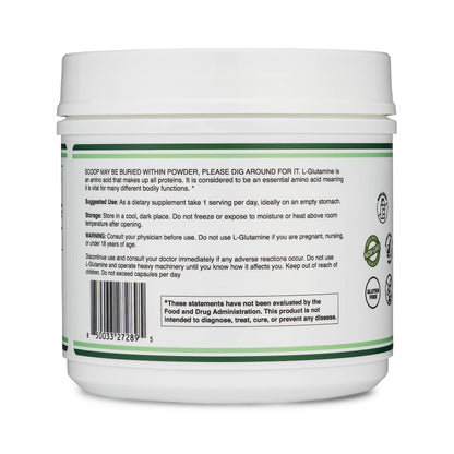 Close up of L-Glutamine powder texture and included measuring scoop.