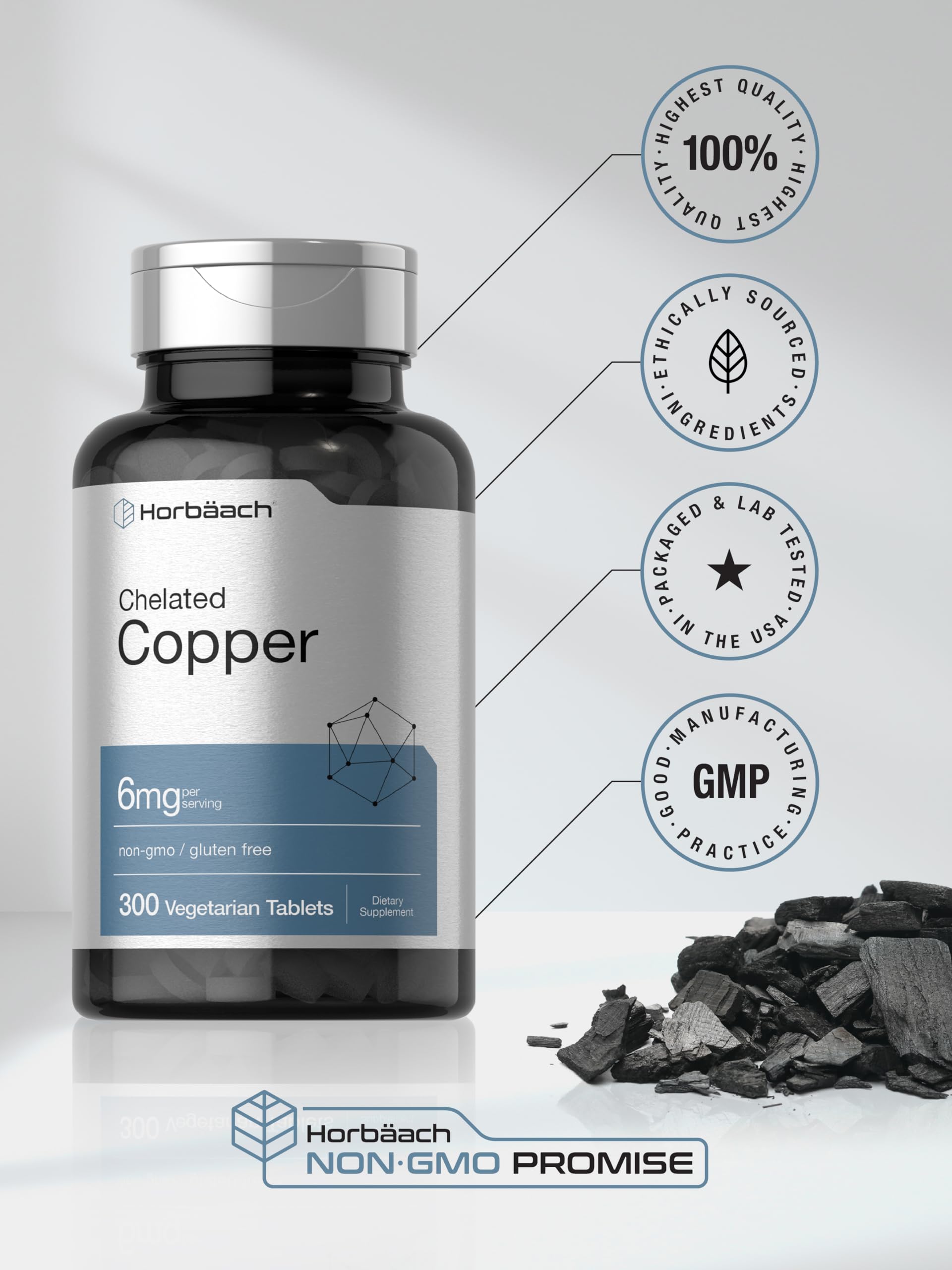 Horbaach Chelated Copper essential trace mineral bottle placed against an organic clean background