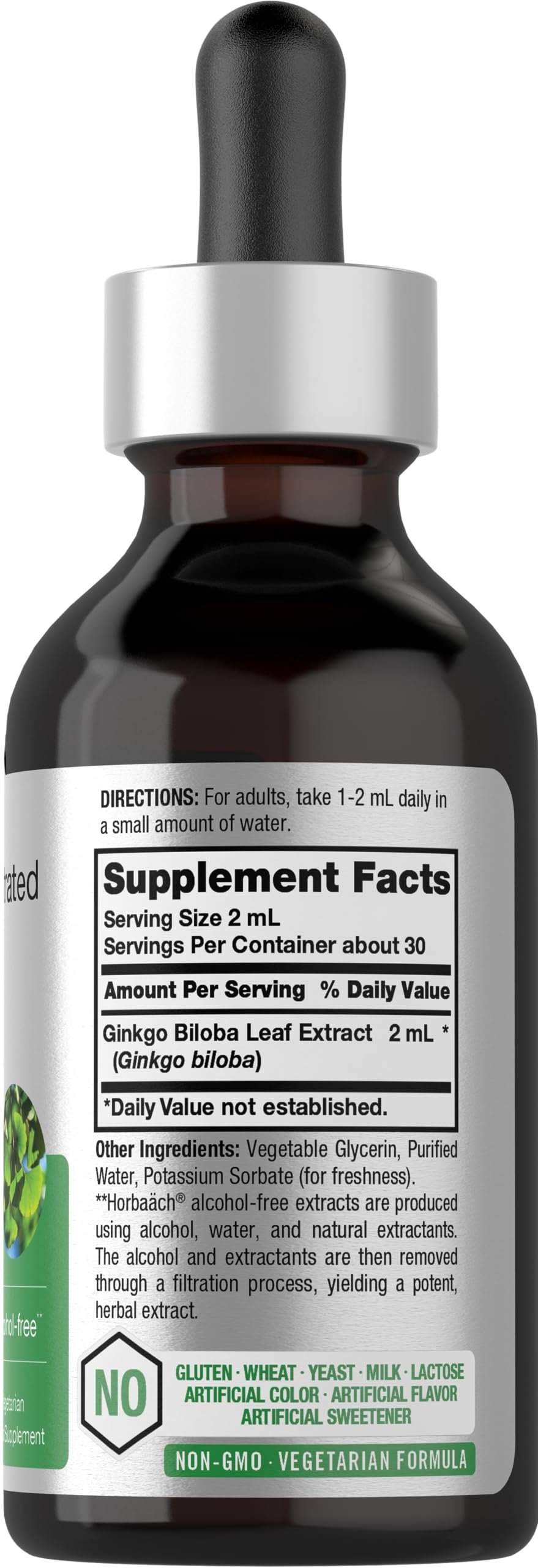 Horbäach Ginkgo Biloba 2 Fluid Ounce alcohol free supplement bottle label details