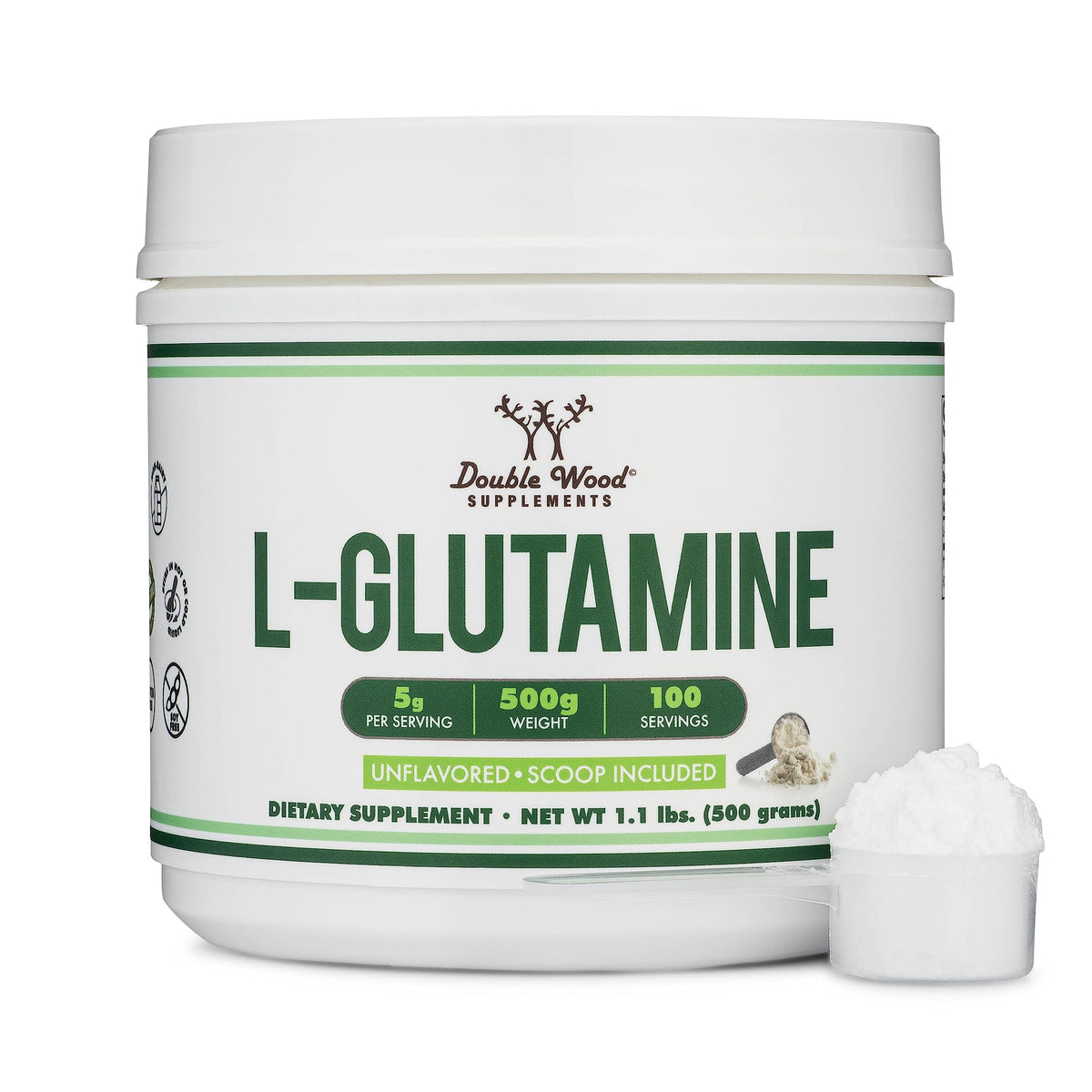 Double Wood L-Glutamine powder packaging highlights and certifications