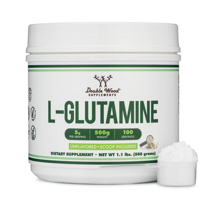 Double Wood L-Glutamine third-party tested certification logo on bottle.