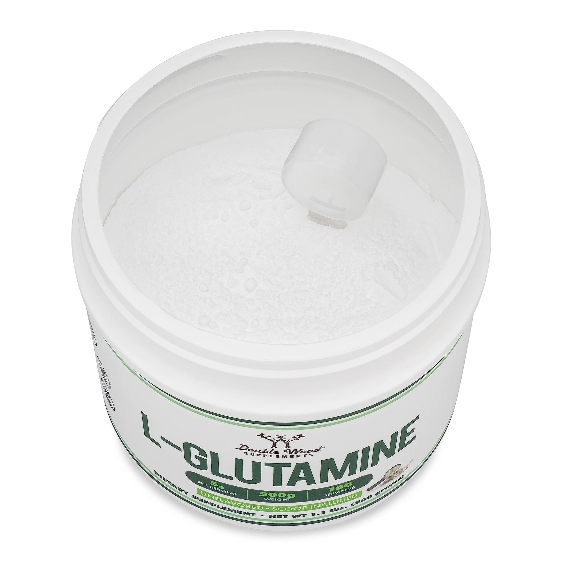 Side view of Double Wood L-Glutamine container with serving information.