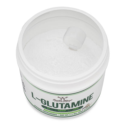 Side view of Double Wood L-Glutamine container with serving information.