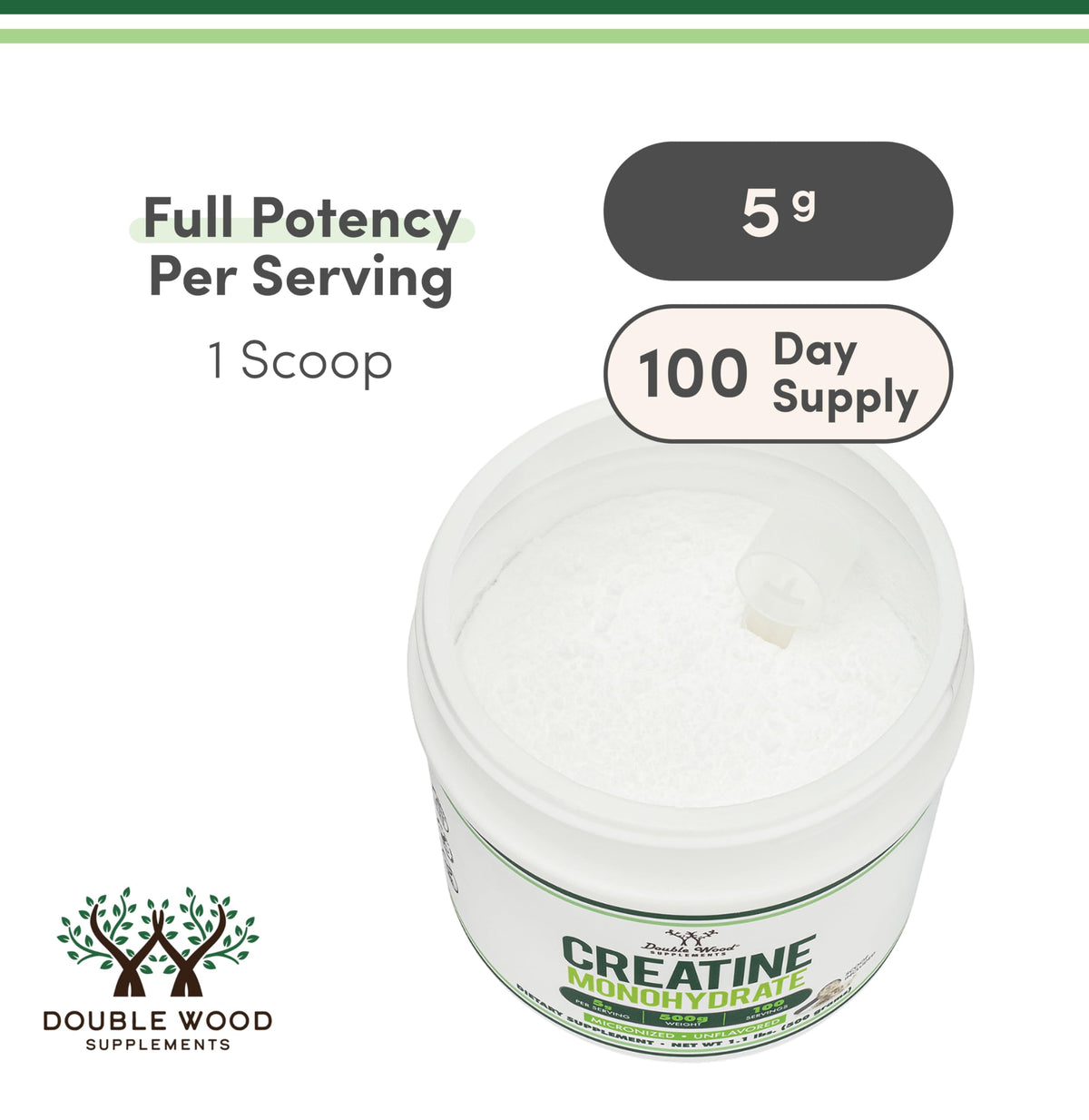 Double Wood Supplements micronized creatine powder serving scoop