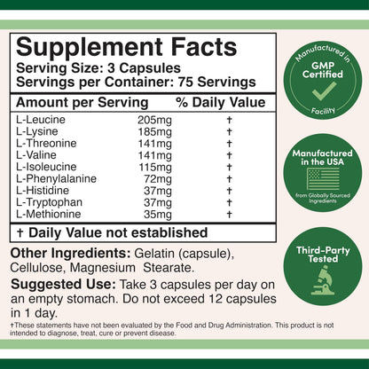 Supplement facts label of Double Wood EAAs showing all 9 essential amino acids