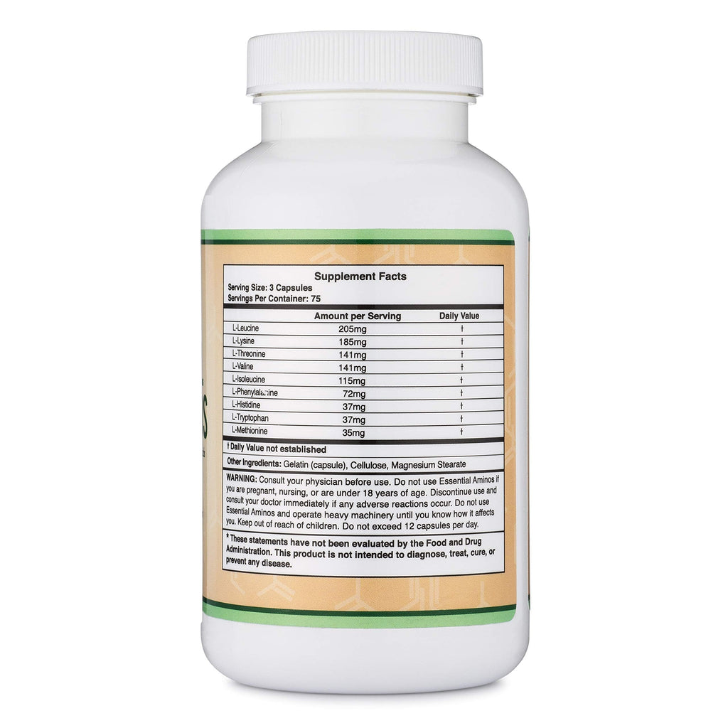 Double Wood Supplements Essential Amino Acids bottle side profile highlighting capsule count