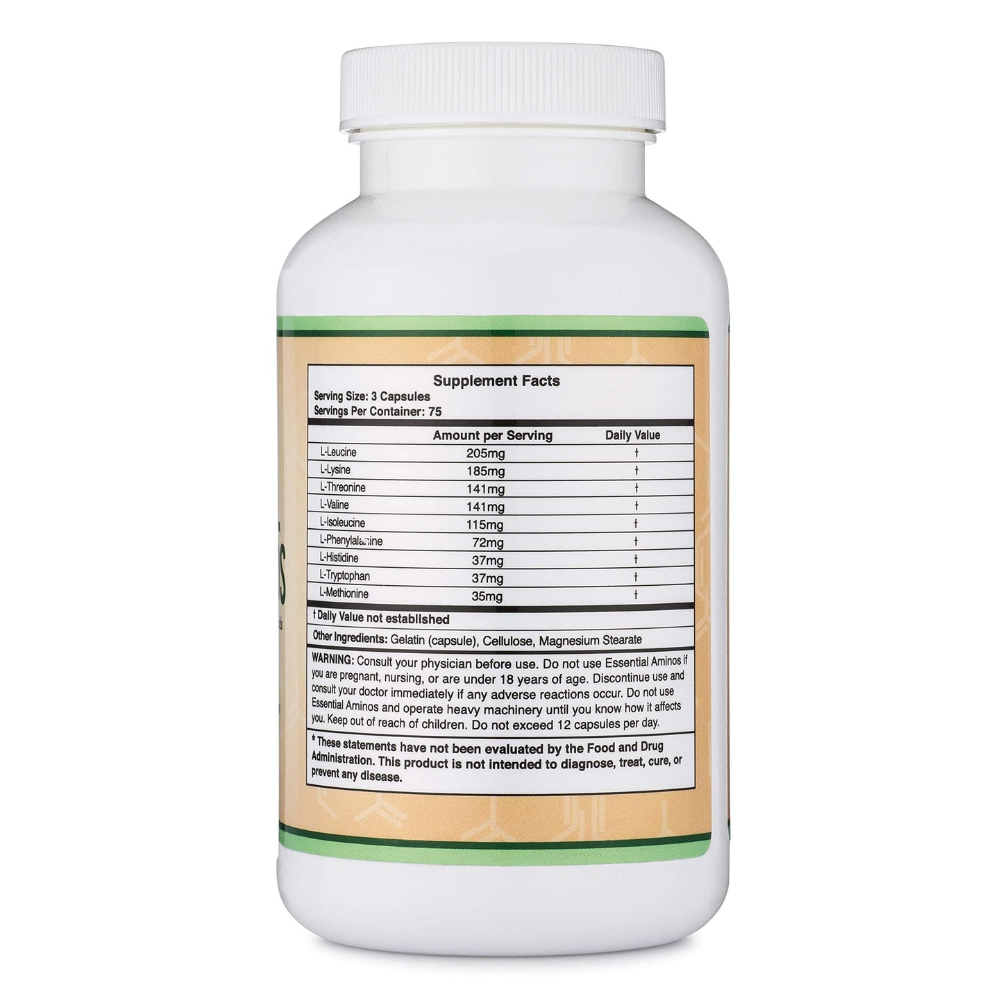 Double Wood EAA capsules layout showing 1 gram per serving dosage