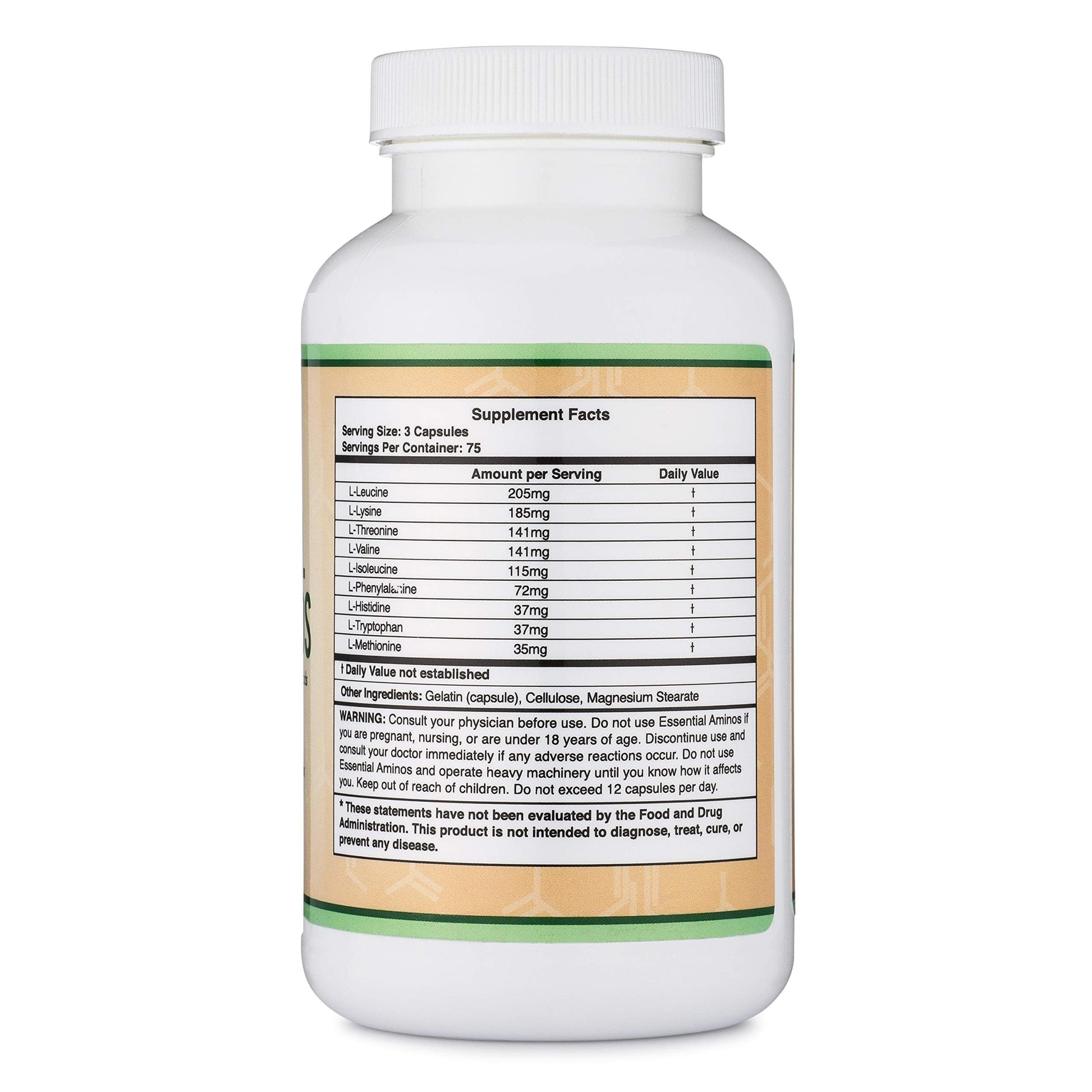 Double Wood EAA capsules layout showing 1 gram per serving dosage