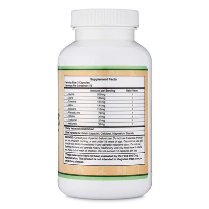 Double Wood EAA capsules layout showing 1 gram per serving dosage