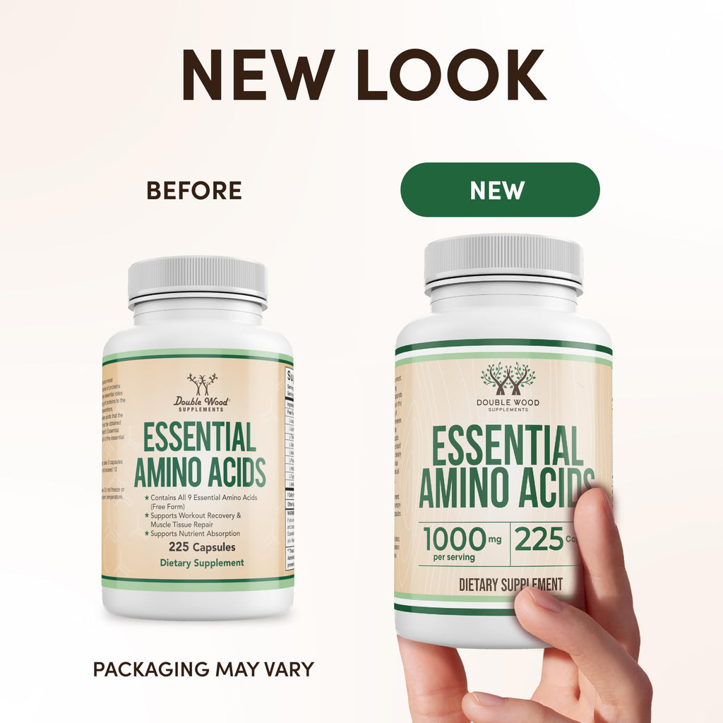 Double Wood Supplements Essential Amino Acids lifestyle fitness setup with 225 capsules bottle